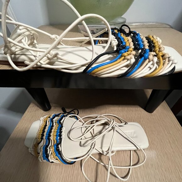 BNWT ZARA Zara Crochet Square Toe Lace-Up Sandals Flat in blue / yellow (8) EU39 - Picture 3 of 5